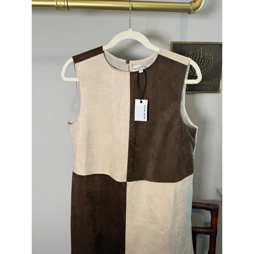 Miou Muse Womens Brown Cream Colorblock Faux Suede Checkerboard Mini Dress M NEW - Picture 9 of 9